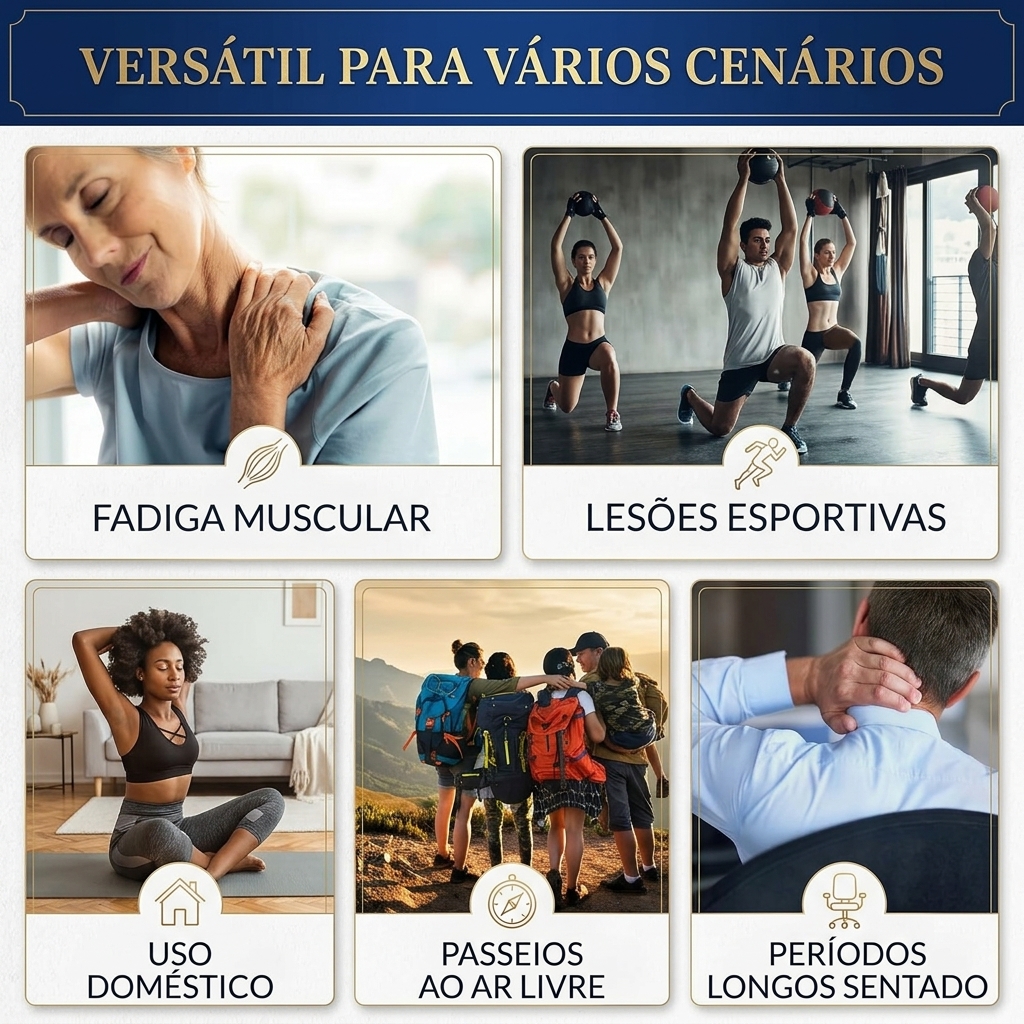 Cenários de uso: fadiga muscular, esportes, doméstico, ar livre, escritório